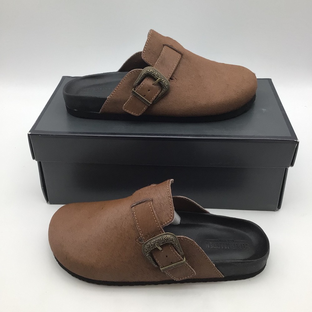 Steve Madden Wooly Chestnut Cow Hair Slip On Clogs Mules Brown Mens Size 9 NEW